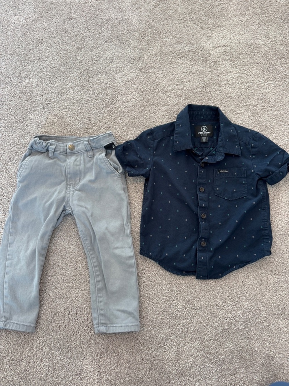 Volcom Navy Short-Sleeve Dot Button-Up with Light Gray Pants